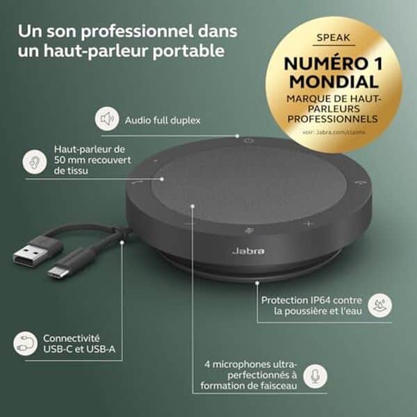 Découvrez notre test détaillé du speakerphone Jabra Speak2 40 : connectivité optimale, qualité sonore et performance pour vos réunions en visioconférence.